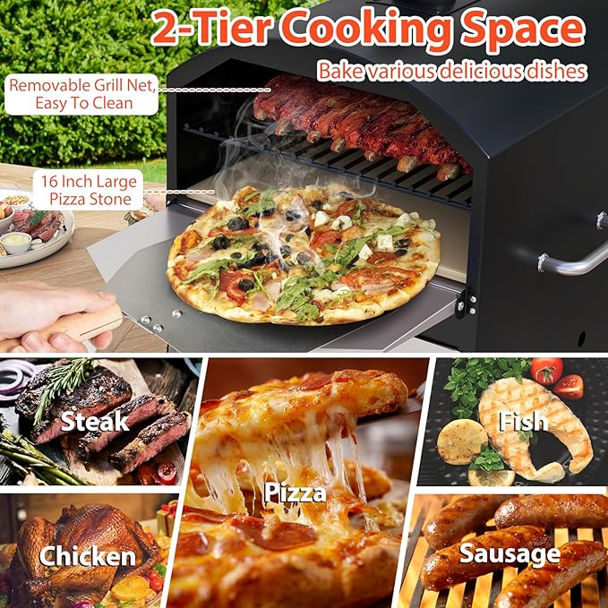 Happygrill Pizza Oven Outdoor, 16” 2-Layer Wood Fired Pizza Maker with Stone, Peel & Grill Racks, Portable Burning Stove with Folding Legs and Cover for Camping Patio Backyard BBQ