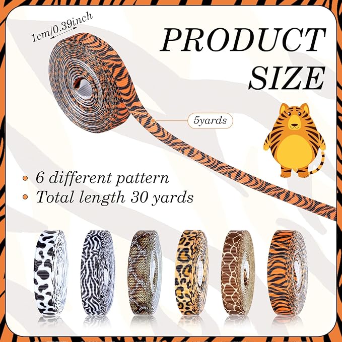 6 Rolls Animal Print Ribbon Set, 3/8 Inch x 5 Yard Safari Ribbons, Leopard, Zebra, Tiger, Cow, Snake, Giraffe Patterns Ribbons for DIY Crafts, Hair Bows, Gift Wrapping, Party Decor