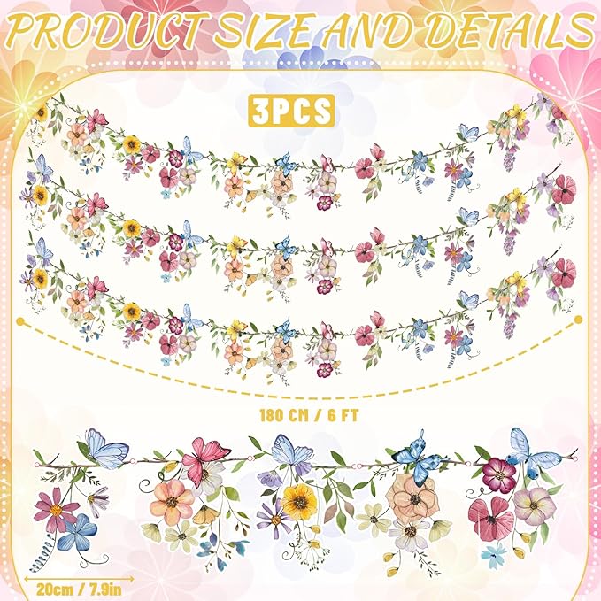 Hahafelt 3 Pcs 18 ft Wildflower Garland Banner Reusable Waterproof Spring Party Decor Butterfly Garland for Mother's Day Garden Baby Shower Birthday Tea Supplies Woodland Party Decorations