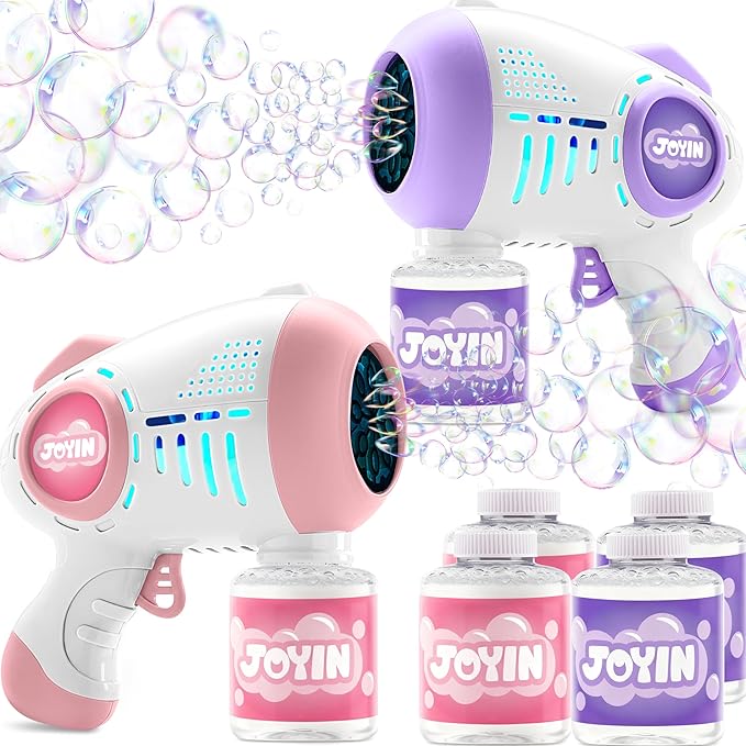 JOYIN 2 Kids Bubble Guns with 4 Bottles Solution, Automatic Bubble Machine Gun with 8 Holes for Kids, Adults, Summer Toys, Easter Basket Stuffers, Birthday Gift, Party Favors-Purple，Pink