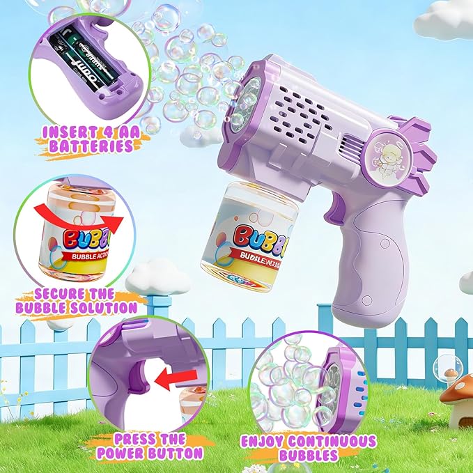 EagleStone Bubble Guns Bubble Machine for Toddlers, 10,000 Bubbles/Min Automatic Bubble Blower with Lights, 4 Pre-Filled Solutions, Light Up Bubble Blaster Outdoor Easter Birthday Gifts for Boys Girls