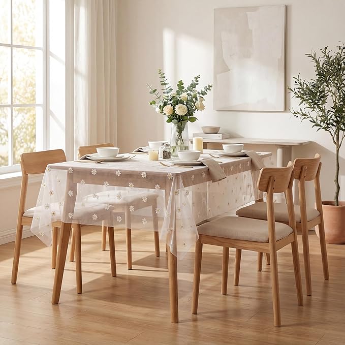 Horaldaily White Embroidery Daisy Spring Summer Gauze Tablecloth 52×70 Inch Rectangular, Seasonal Tulle Table Cover, Garden Party Decorations for Wedding, Party, Holiday Dining
