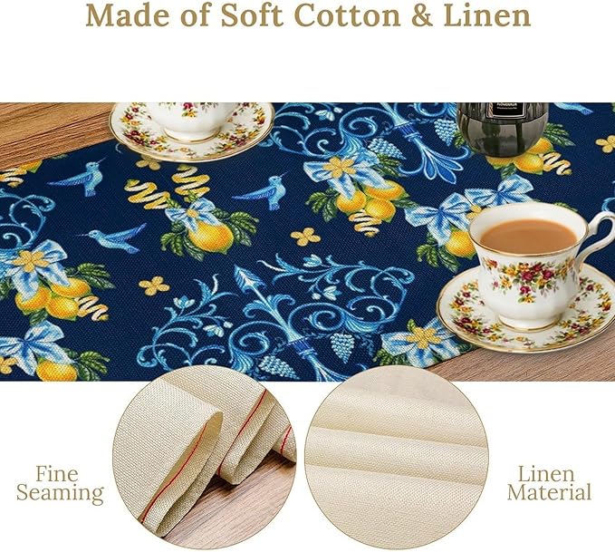Lemon Fruit Table Runner Nature Bow Farmhouse Talavera Ethnic Folk Rustic Birds Aesthetic Dining Table Decoration for Home Holiday Party Dresser Kitchen Cabin Restaurant Wedding Decor 13×90in