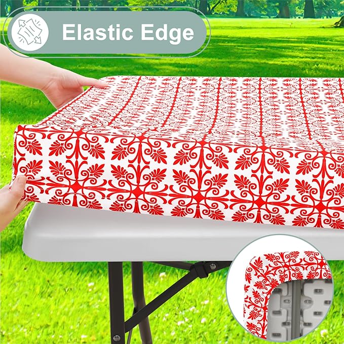 misaya Picnic Table Cover with Bench Cover, Waterproof Elastic Fitted Tablecloth for 8 Foot Tables, Rectangle Washable Polyester Tablecloths for Picnic, Camping, Outdoor (Red, 30" x 96")