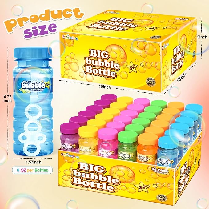 Shemira 36 Pcs Bubble Bottles with Wand, Bubble Party Favor Supply for Summer Indoor & Outdoor Activities, 4 OZ Bubble Solution Summer Toy in 6 Colors, Party Favor & Birthday Party Supplies