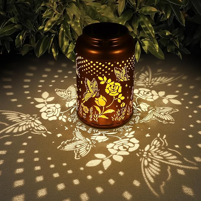 Rose Butterfly Decoration Solar Lanterns Outdoor Waterproof Garden Decor Gifts for Women Mon Grandma Metal Hanging Solar Lights for Outside LED Lanterns for Yard, Patio