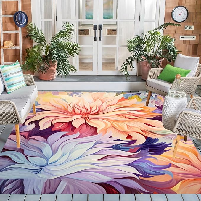 Waterproof Floral 10x12 Outdoor Rug Modern Vibrant Rugs for Balcony Patio Porch Garden Camping Pool Machine Washable Non Shed Outside Carpet Unique Easy Clean Flower Mat Lavender Peach