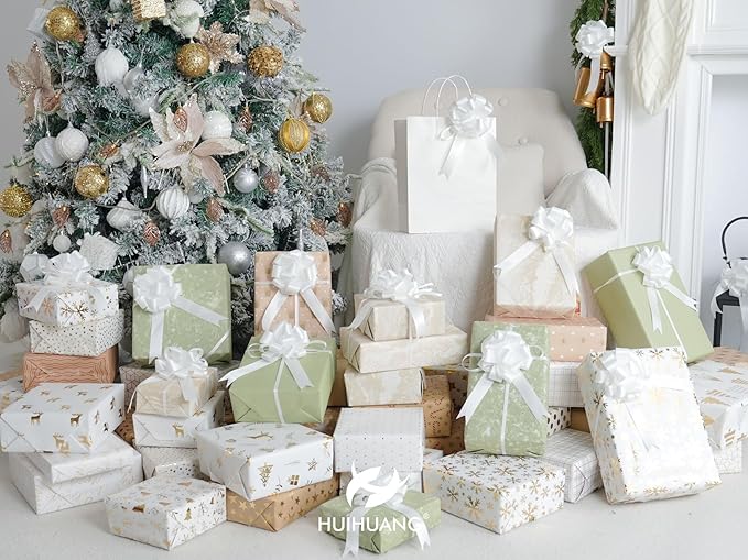 HUIHUANG White Pull Bows 12 PCS Christmas Gift Bows 4" x 8" White Satin Present Bow for Gift Wrapping, Gift Basket, Paper Bag, Wrapping Accessories, Wreaths, Wedding Christmas Decor