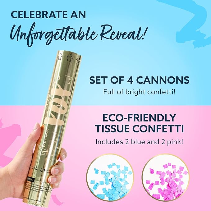 Revealations Gender Reveal Confetti Cannon - Set of 4 (2 Pink, 2 Blue) Gender Reveal Party Supplies Air Compressed Confetti Poppers - Biodegradable Tissue for Party Celebrations