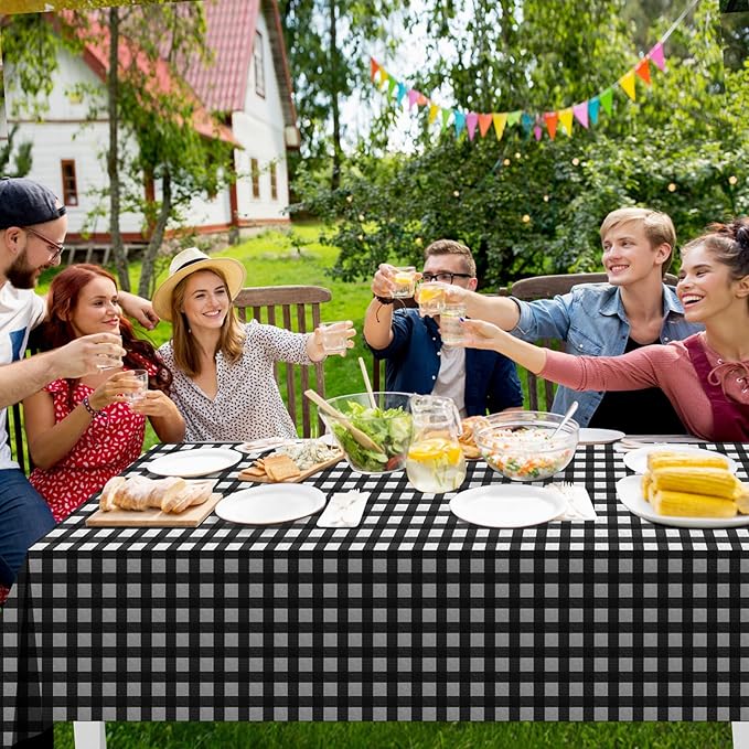 12Pack Black and White Plastic Checkered Tablecloth, Premium Decorative Disposable Black Gingham Plaid Tablecloths for Parties, Rectangle Party Table Cover for Picnic Farm Birthday Wedding, 54x108Inch