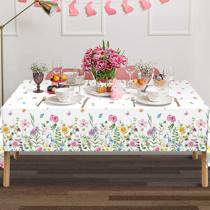 3Pcs Spring Floral Plastic Tablecloth,Pink Purple Blue Flower Butterfly Disposable Table Cover for Home Decor Summer Spring Picnic Dining Holiday Weeding Birthday Tea Party Decorations,54x108 Inch