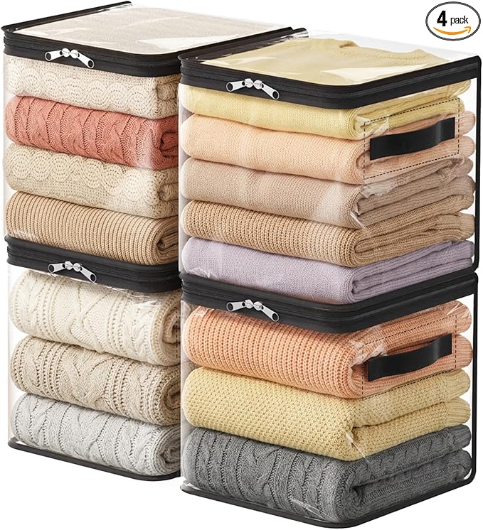 Lifewit 4 Pack Clear Clothes Storage Bags, Sweater Storage with Zipper, 18L Vinyl Foldable Moving Bags, Storage Container for Blankets Bed Sheet Sweater Yarns