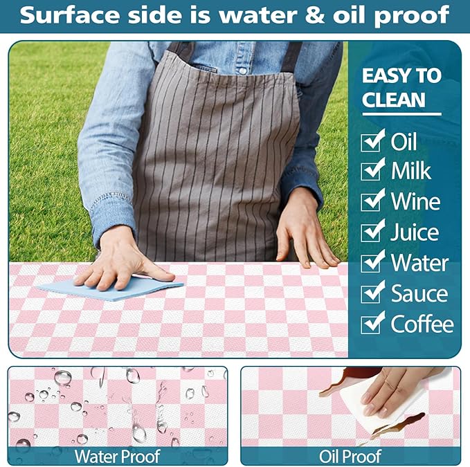Picnic Table Cover with Bench Covers and Bag, Pink and White Checkered Gingham Buffalo Plaid Camping Tablecloth Cover Waterproof Windproof Elastic Edges Fitted Tablecloths for Outdoor 3PCS 30x72 Inch