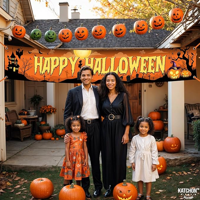 Katchon, Happy Halloween Banners For Outside-120x20 Inch Orange And Black Yard Sign | Halloween Decorations Outdoor Banner | Summerween Party Decorations | Happy halloween Banner
