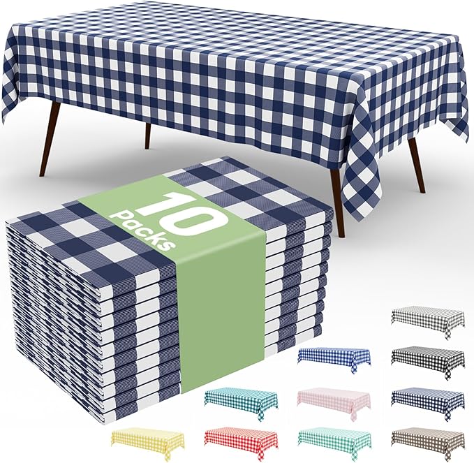 Smiry 10 Pack Navy Gingham Disposable Tablecloths - 54" x 108" Heavy Duty Plastic Table Cloth, Waterproof Buffalo Plaid Table Covers for Picnic, Banquets, Outdoor Parties