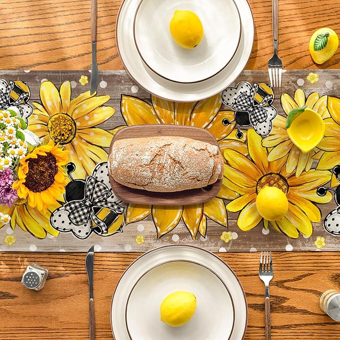 Artoid Mode Wood Sunflower Bee Flower Polka Dot Summer Table Runner, Seasonal Kitchen Dining Table Decoration for Indoor Party Home 13x72 Inch