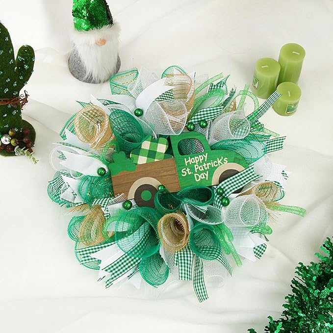 5 Rolls St Patricks Day Mesh Ribbon for Wreath, 10 Inch x 30FT Per Roll Metallic Foil Deco Mesh Rolls White Light Green Decorative Mesh for Spring Saint Patricks Day Christmas Party Decor