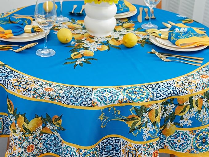 YiHomer Provence Blue Lemon Mediterranean Tile Tabletop for Spring Summer Decorations, Picnics and Dinner Parties - Indoor Outdoor, Stain and Water Resistant, Tablecloth, 70" Round