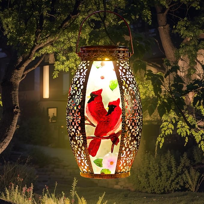 Cardinal Outdoor Solar Lanterns Waterproof 13.8" Large Hanging Solar Lantern Decorative Cardinals Solars Lights for Outside Yard Table Patio Garden Pathway Lawn Cardinal Gifts