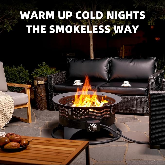 24 Inch Portable Propane Fire Pit with Grill, 60000 BTU Outdoor Gas Firepit with Lava Rocks & Adjustable Flame, Smokeless Gas Firebowl for Backyard, Camping & Gatherings