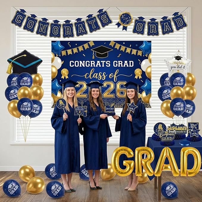 Class of 2026 Graduation Party Decorations - Navy Blue & Gold Set: GRAD Foil Balloon , Backdrop Banner, Honeycomb Centerpieces, Hanging Swirls & Mylar Letters - Complete 2026 Grad Prom Supplies