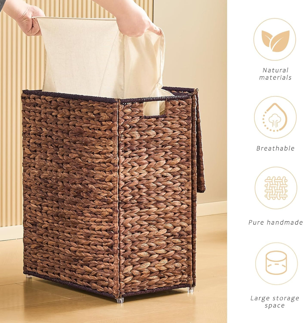 Handwoven Laundry Basket with Lid, Natural Water Hyacinth Storage Basket with Handle, Removable Cotton Liner, Durable and Stylish for Bedroom, Bathroom, Laundry Room