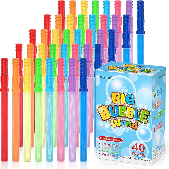 Inscraft 40 Pack 14’’ Big Bubble Wands, 8 Colors Bubbles Bulk for Summer Toy, Outdoor / Indoor Activity Use, Easter, Birthday, Graduation, Shower, Bubbles Party Favors Supplies for Kids Toddlers