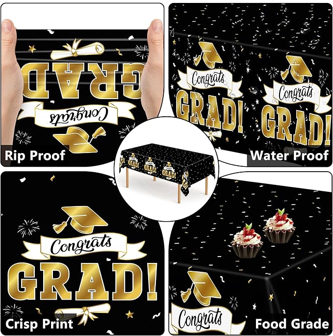 2Pack Graduation Decorations 2026, 108" X 54" Graduation Tablecloth, Blackgold Rectangle Class of 2026 Table Cloths, Disposable Plastic Congrats Grad Tablecover for Grad Party Favors Supplies for kids