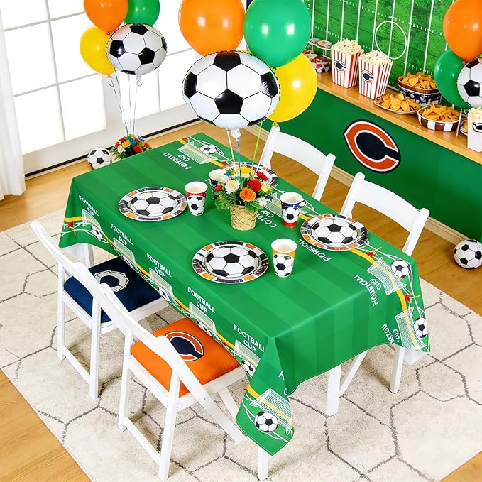 2Pcs Soccer Tablecloths, Soccer Party Decorations 54 x 108 inches Disposable Plastic Tablecloths for Sports Party Soccer Birthday Party Decorations
