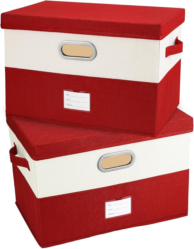 Large Linen Fabric Foldable Storage Bins with Removable Lid and Handles, Washable Storage Box Organizer Containers Baskets Cube with Cover for Bedroom,Office(Red&Cream, Large(2-Pack))