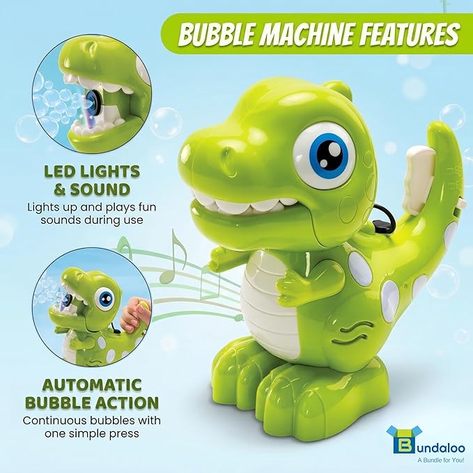 Dino Bubble Blower for Kids, Automatic Bubble Machine with Lights & Sounds, Includes 2 Bottles of Bubble Solution & Funnel, Fun Dinosaur Bubble Toy for Toddlers & Kids Ages 3+