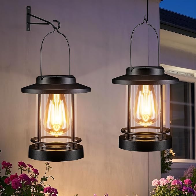 Hanging Solar Lanterns Outdoor Waterproof – 2 Pack Decorative Solar Lights for Outside, Patio, Porch, Yard, Balcony, Table – Hanging Outdoor Lantern Garden Gifts for Women,Mom