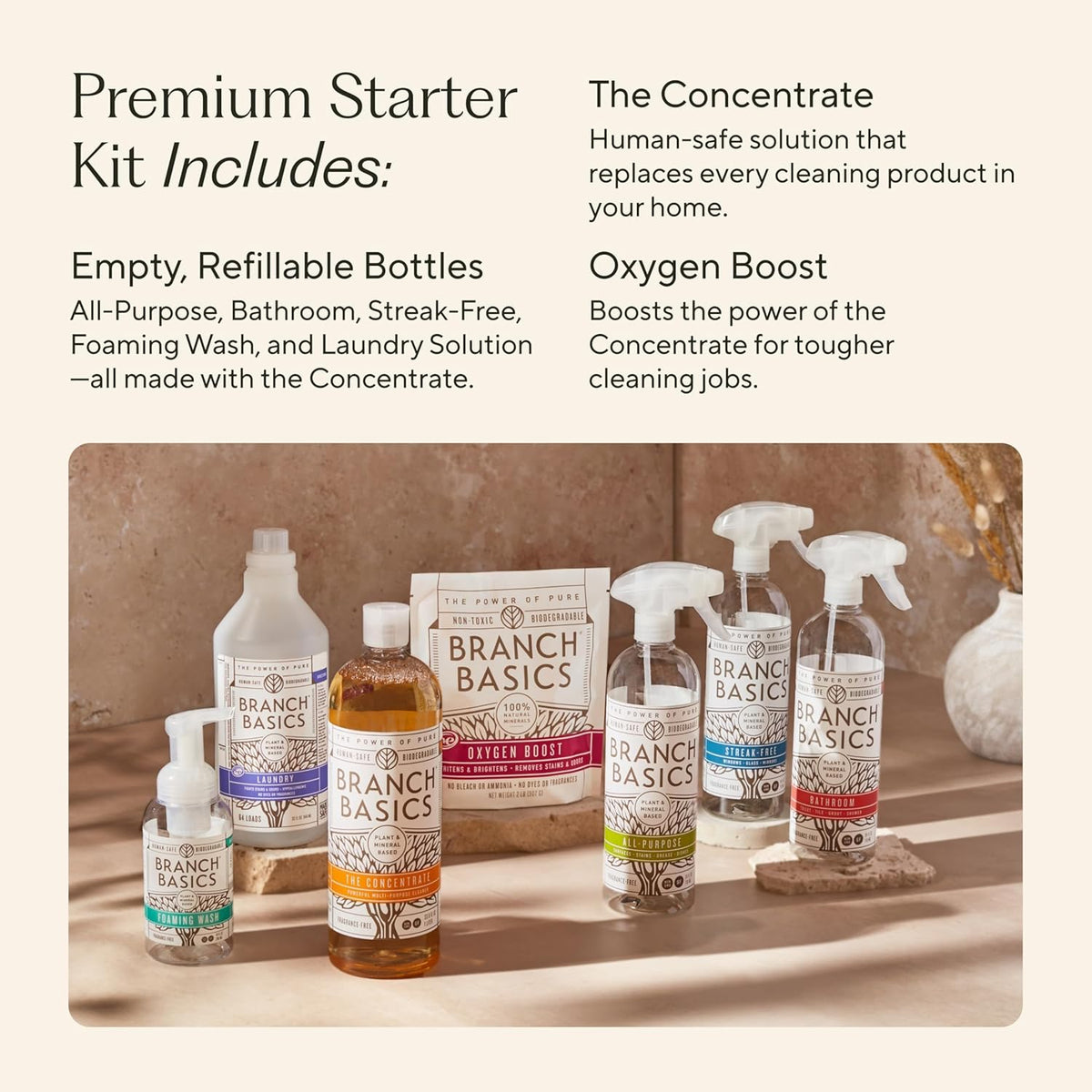 Branch Basics Premium Starter Kit: All Purpose, Glass, and Bathroom Cleaner plus our Foaming Wash, and Laundry Bottle (3 Plastic Spray Bottles + Concentrate) Fragrance-Free