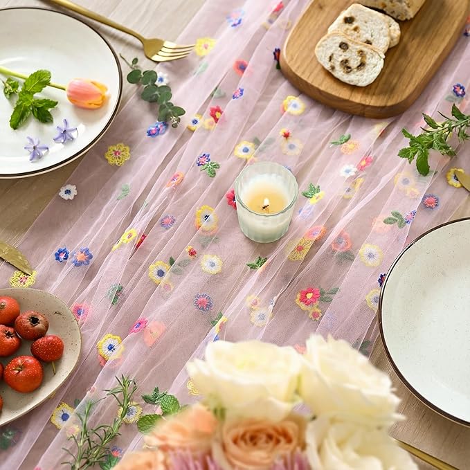 Artoid Mode 6PCS Pink Embroidery Daisy Gauze Table Runner 120 Inch 10FT, Seasonal Sheer Kitchen Dining Holiday Wedding Birthday Table Decor for Home Party