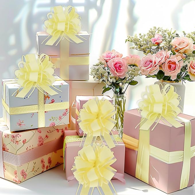20pcs 7 Inch Pull Bows Pastel Yellow Gift Wrap Bows for Gift Wrapping, Ribbon, Wedding, Christmas, Valentine's Day, Birthday Party Decorations