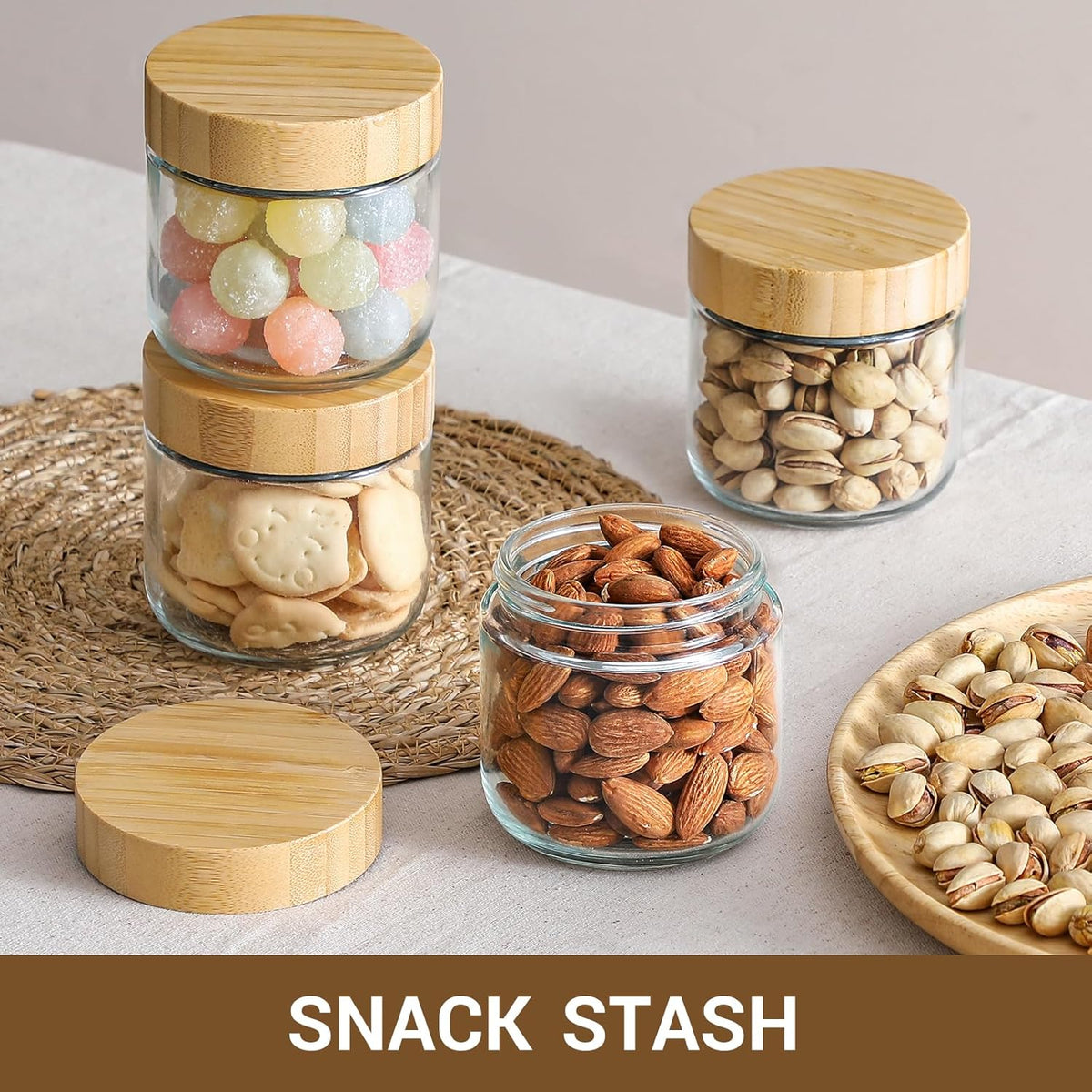 Netany 4-pack 8oz Glass jars with Airtight Lids, Overnight Oats Containers with Bamboo Lids, Wide mouth Mason Salad jars