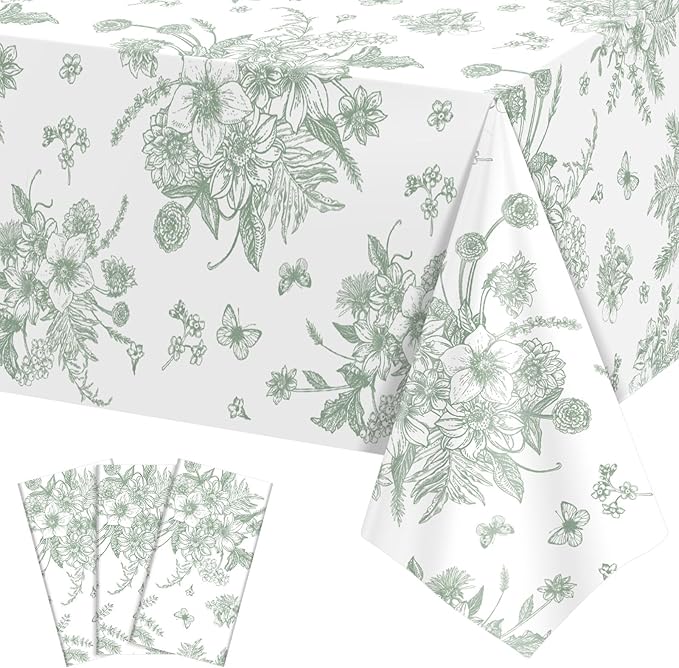 3 Pack Sage Green Floral Plastic Tablecloths, 54 X 108Inch Tea Party Tablecloth Disposable Table Cloths Green and White Porcelain Tables Decor for Garden Wedding Tea Party Birthday Baby Bridal Shower