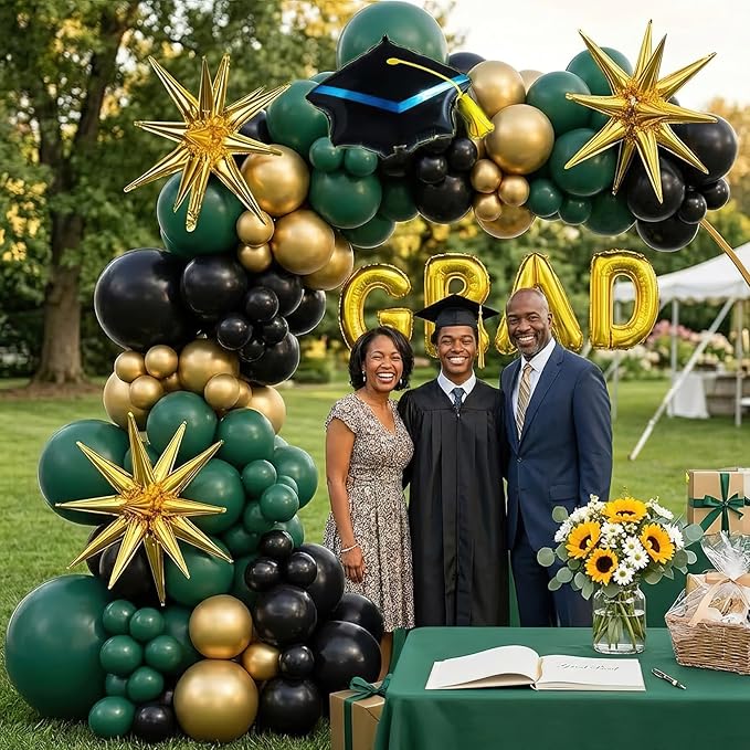 2026 Graduation Party Decorations Green Black Gold Balloons Garland Arch Kit 130pcs-Congrats Grad Golden Letter Balloons for 2026 Prom Party Supplies