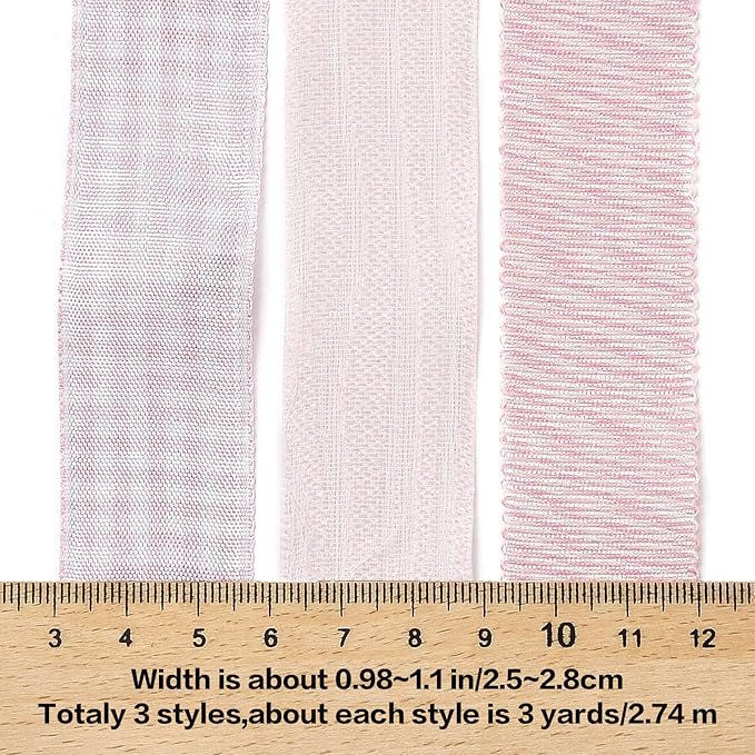 BEEFLYING 3 Styles Pink Wire Edged Ribbons for Gift Wrapping Decoration 25~28mm×2.7m Stripe Satin Ribbons for Wedding Party Decoration Hair Bows Flower Designs Sewing and Craft, 9 Yards