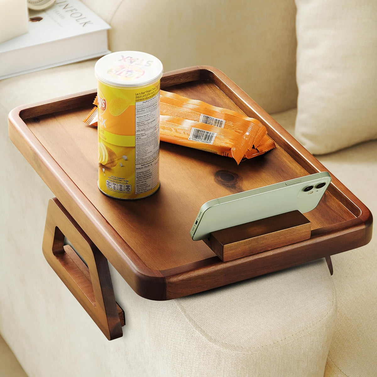 Tinamo 15.7" x 11" Large Couch Arm Table with 360 Rotating Phone Holder - Sofa Arm Clip Table for Living Room - Sofa Armrest Tray Wide Couches