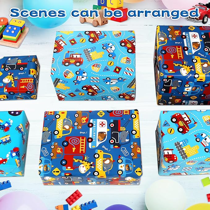 BWLOIES Wrapping Paper for Kids Boys Birthday Wrapping Paper Sheets with Police Car Fire Trucks Crane Ambulance Giraffe Elephant Children Birthday Gift Wrap Set with Tags Ribbion