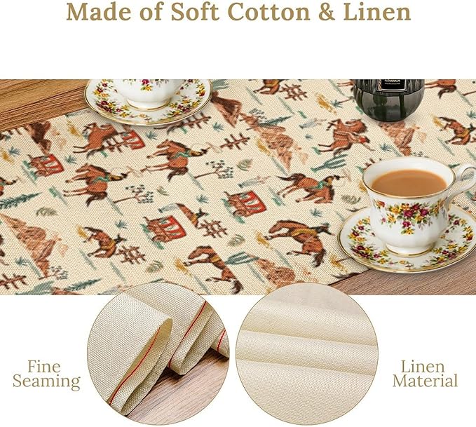 Western Cowboy Table Runner,Vintage Farmhouse Country Cowboy Horse Cactus Desert Print Table Runner for Kitchen Dining Table Holiday Home Party Decor 13x60in