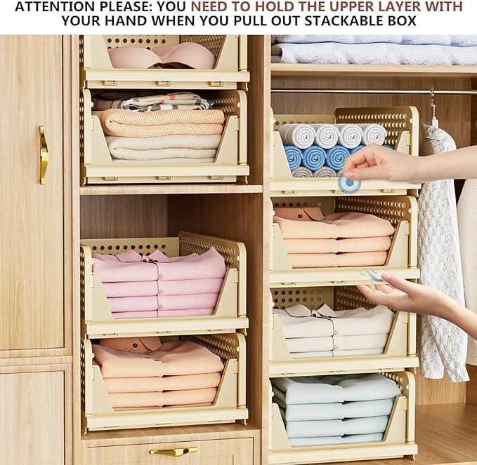 Stackable Wardrobe Organizer for Clothes - Multipurpose Foldable Plastic Closet Storage Organizer for Kitchen, Bedroom & Bathroom (Pack of 8, Yellow)