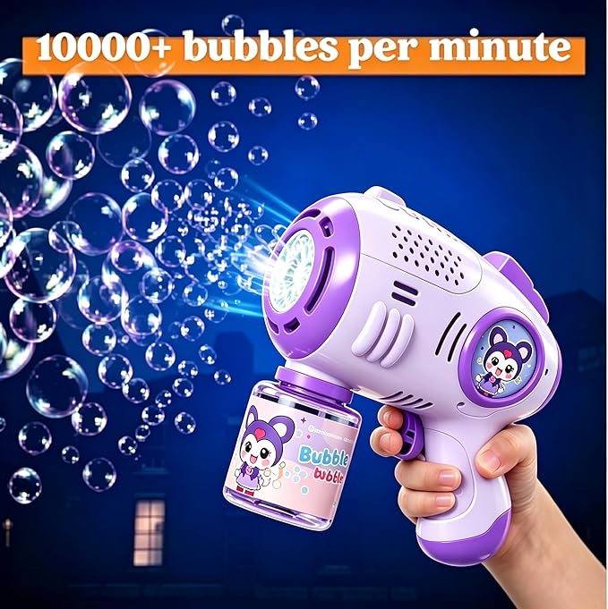 Kids' Bubble Gun, 4 Bottles of Bubble Solution Plus 20 Packets of Bubble Liquid, Toddler Bubble Gun, Sizes 1-3 (4-8), Party Gift, Summer Toy, Outdoor, Easter, Birthday Gift, for Boys and Girls.