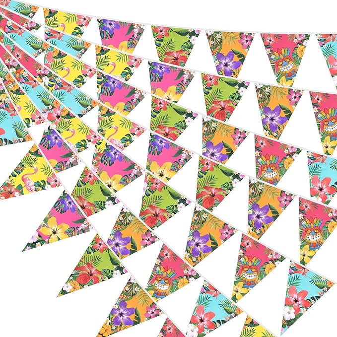 G2PLUS Hawaiian Bunting Banner, 39Ft Pre-Strung Tropical Party Banner, 4 Pack Double Sided Paper Hawaiian Floral Bunting Garland for Luau, Birthday, Baby Shower, Summer Beach Party Decorations