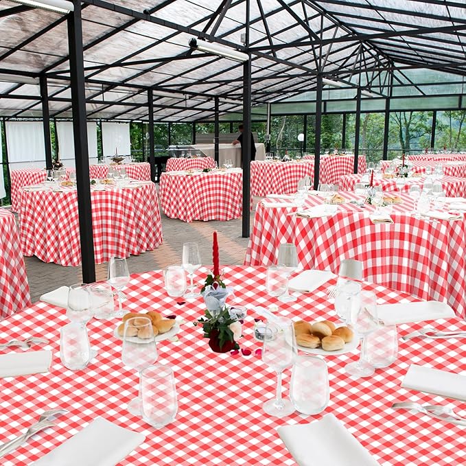 12 Pack Red and White Plastic Checkered Tablecloth Round, Premium Decorative Disposable Red Gingham Plaid Table Cloths for Parties, Round Party Table Cover for Picnic Farm Birthday Wedding, 84 Inch