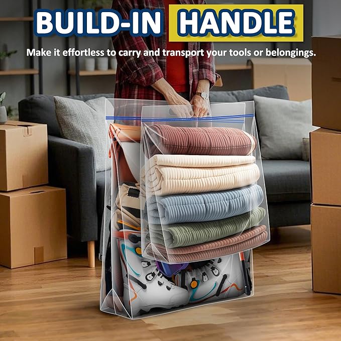 25 Gallon Extra Large Resealable Storage Bags with Zipper Top，35" x 24" Heavy Duty Clear Bags with Handles, 4 Mil Thick, Perfect for Clothing, Pillows, Travel, and Moving (10 Packs)