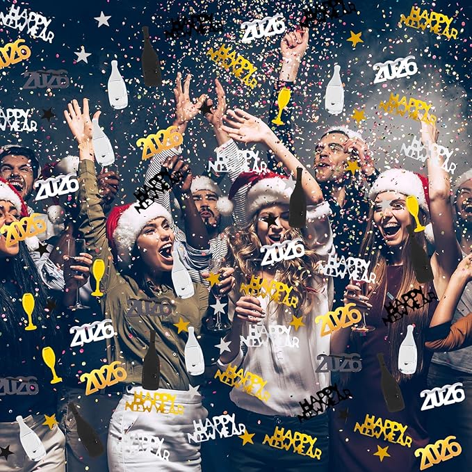 HOWAF 2026 New Year Party Decoration Supplies, New Years Confetti Decoration- Black, Gold, Silver Wine Bottle Glitter Sequins Star Foil Confetti for Happy New Year Eve Decorations Table Scatters