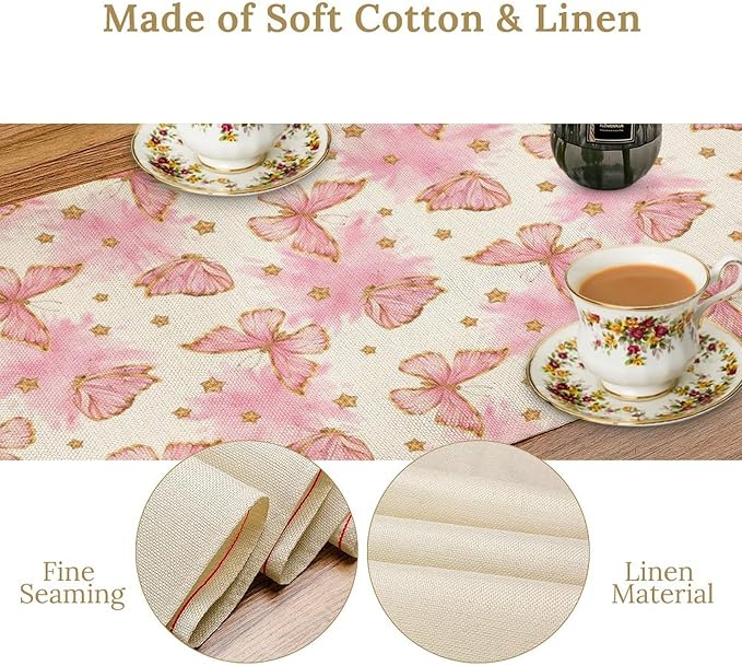 Watercolor Butterfly Table Runner, Cute Pink Butterfly Spring Modern Aesthetics Print Table Runner for Holiday Kitchen Dining Outdoor Home Party 13x108in