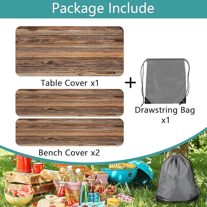 Farmhouse Picnic Table Cover with Bench Covers Camping Essentials Brown Wood Grain Waterproof Windproof Camping Tablecloth Fitted Tablecloth Cover with Elastic Edge for Indoor Outdoor 3 PCS 30x96 Inch